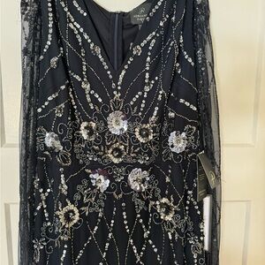 Adrianna Papell Navy Blue and Silver Beaded Floral Gown with Cape